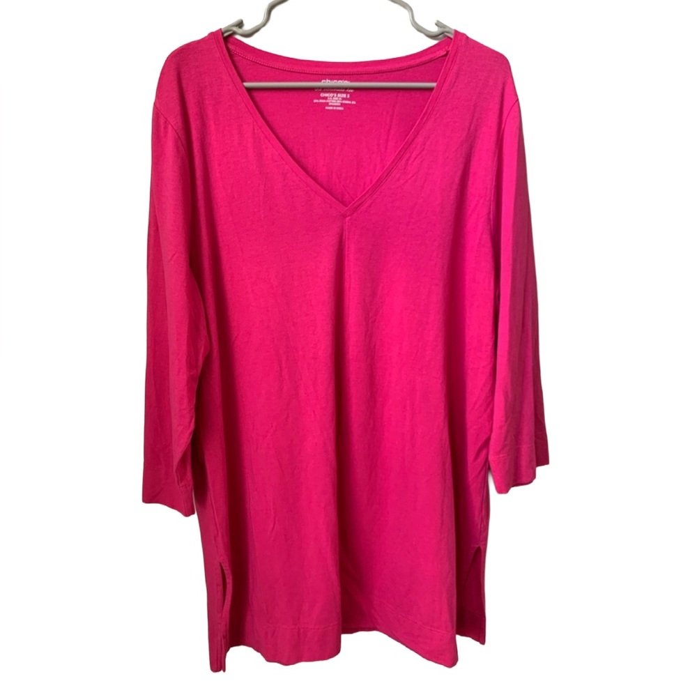 CHICOS Women’s Hot Pink V Neck 3/4 Sleeve Tee Shirt Tunic Top Size: 3 Chicos